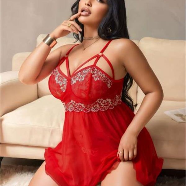 Arias Closet Büyük Beden Kırmızı Dantel İşlemeli Tül Gecelik