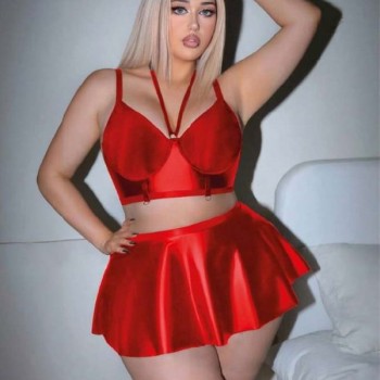 Arias Closet Büyük Beden Kırmızı Deri Görünümlü Etekli Fantezi Takım