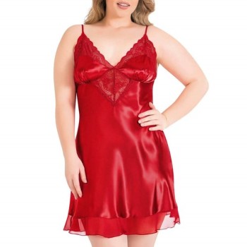 Aria's Closet Büyük Beden Kırmızı Kısa Saten Gecelik