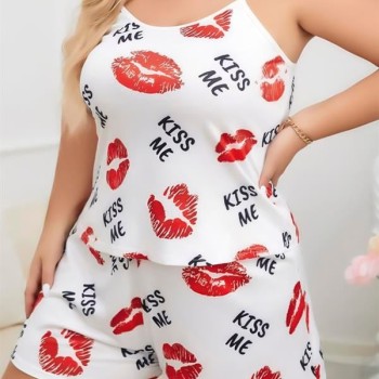 Arias Closet Büyük Beden Kiss Me Öpücük Desen Pamuklu Şortlu Pijama Takımı