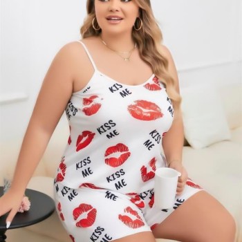 Arias Closet Büyük Beden Kiss Me Öpücük Desen Pamuklu Şortlu Pijama Takımı