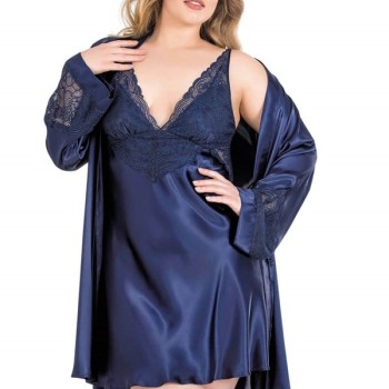 Arias Closet Büyük Beden Lacivert Kısa İkili Saten Sabahlık Gecelik Takımı