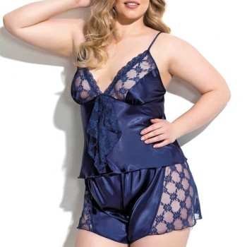 Arias Closet Büyük Beden Lacivert Saten Babydoll Şort Takımı