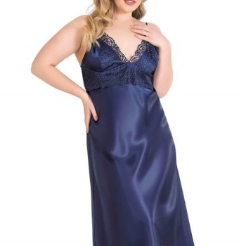 Arias Closet Büyük Beden Lacivert Uzun İkili Saten Sabahlık Gecelik Takımı