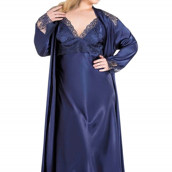 Arias Closet Büyük Beden Lacivert Uzun İkili Saten Sabahlık Gecelik Takımı