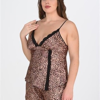 Arias Closet Büyük Beden Leopar Desenli Dantel İşlemeli Saten Şortlu Gecelik Takımı