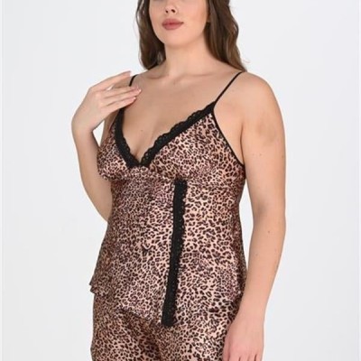 Arias Closet Büyük Beden Leopar Desenli Dantel İşlemeli Saten Şortlu Gecelik Takımı
