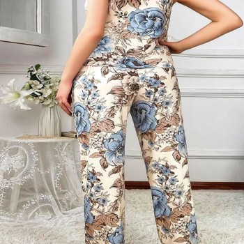 Arias Closet Büyük Beden Mavi Çiçek Desenli İnce Askılı 2'Li Saten Pijama