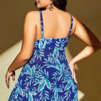 Arias Closet Büyük Beden Mavi Üstüne Yaprak Desenli Yırtmaçlı Gecelik