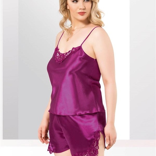 Arias Closet Büyük Beden Mor Saten Babydoll Şort Takımı