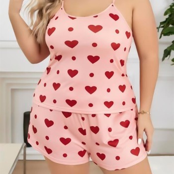 Arias Closet Büyük Beden Pembe Kalp Desen Pamuklu Şortlu Pijama Takımı