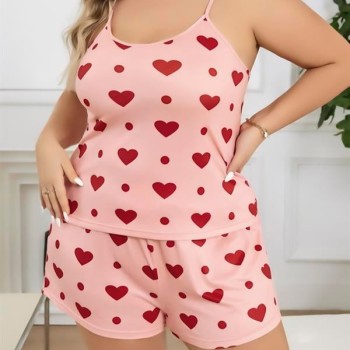 Arias Closet Büyük Beden Pembe Kalp Desen Pamuklu Şortlu Pijama Takımı