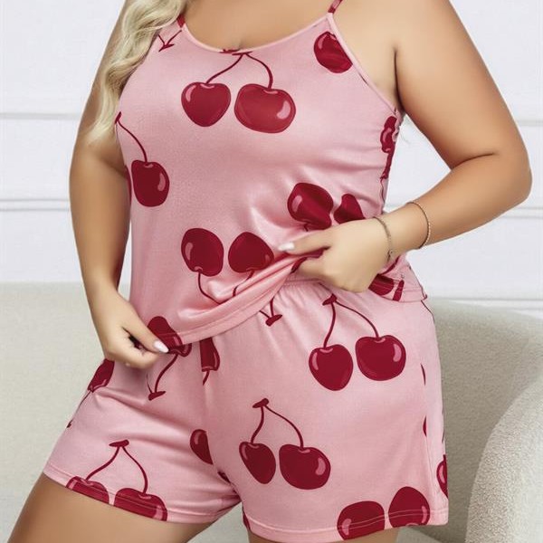 Arias Closet Büyük Beden Pembe Kiraz Desen İnce Askılı Pamuklu Şortlu Pijama Takımı