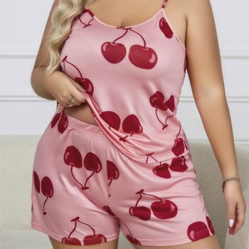 Arias Closet Büyük Beden Pembe Kiraz Desen İnce Askılı Pamuklu Şortlu Pijama Takımı