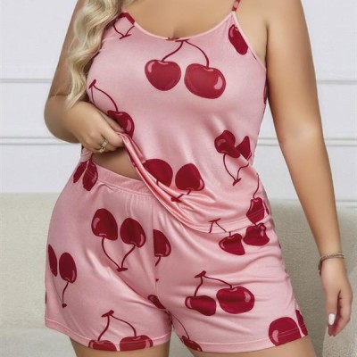 Arias Closet Büyük Beden Pembe Kiraz Desen İnce Askılı Pamuklu Şortlu Pijama Takımı
