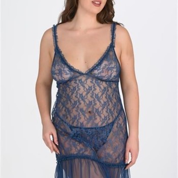 Arias Closet Büyük Beden Petrol Mavisi Dantel İşlemeli Tül Gecelik