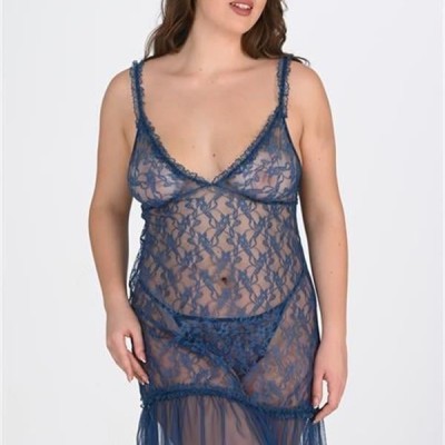 Arias Closet Büyük Beden Petrol Mavisi Dantel İşlemeli Tül Gecelik