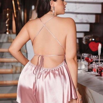 Arias Closet Büyük Beden Pudra Arkadan Bağlamalı Tulum Saten Babydoll Gecelik