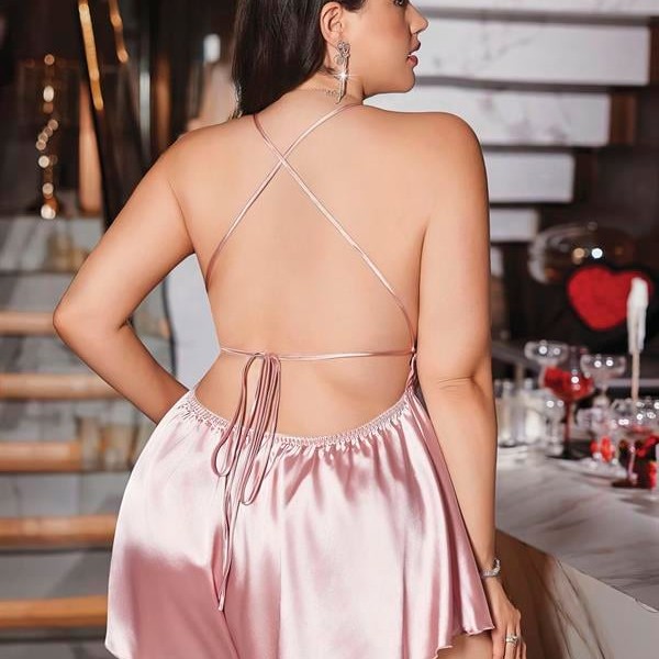 Arias Closet Büyük Beden Pudra Arkadan Bağlamalı Tulum Saten Babydoll Gecelik