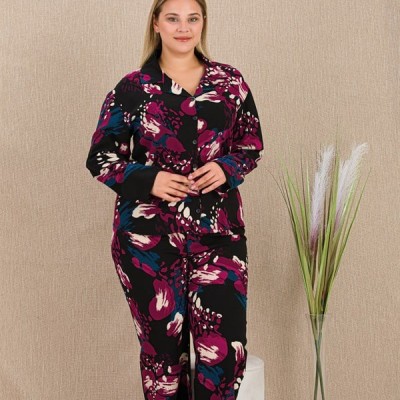 Arias Closet Büyük Beden Renkli Desenli Düğmeli Uzun Kol Viskon Pijama Takımı