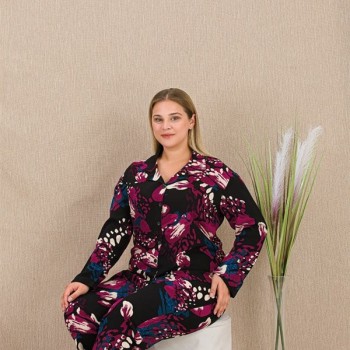 Arias Closet Büyük Beden Renkli Desenli Düğmeli Uzun Kol Viskon Pijama Takımı