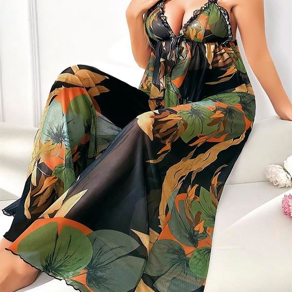 Arias Closet Büyük Beden Renkli Desenli İnce Askılı Salaş 2'Li Takım