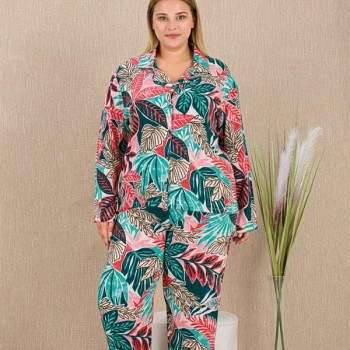 Arias Closet Büyük Beden Renkli Yaprak Desenli Düğmeli Uzun Kol Viskon Pijama Takımı