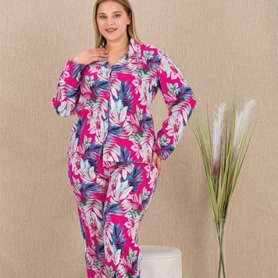 Arias Closet Büyük Beden Renkli Yaprak Desenli Düğmeli Uzun Kol Viskon Pijama Takımı