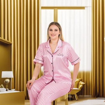 Arias Closet Büyük Beden Şık Tasarım Pembe Çizgili Düğmeli Kısa Kol Lüx Saten Pijama Takımı
