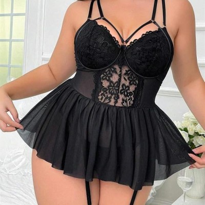 Arias Closet Büyük Beden Siyah Dantel İşlemeli Etek Görünümlü Jartiyer Takımı