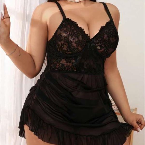 Arias Closet Büyük Beden Siyah Dantel İşlemeli Fırfırlı Tül Gecelik