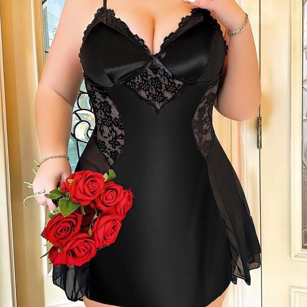 Arias Closet Büyük Beden Siyah Dantel İşlemeli İnce Askılı Saten Gecelik