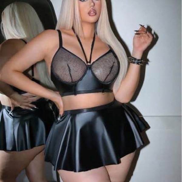 Arias Closet Büyük Beden Siyah Deri Görünümlü Fileli Etekli Fantezi Takım