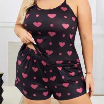 Arias Closet Büyük Beden Siyah Kalp Desen İnce Askılı Pamuklu Şortlu Pijama Takımı