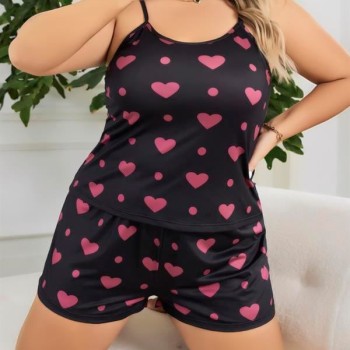 Arias Closet Büyük Beden Siyah Kalp Desen İnce Askılı Pamuklu Şortlu Pijama Takımı