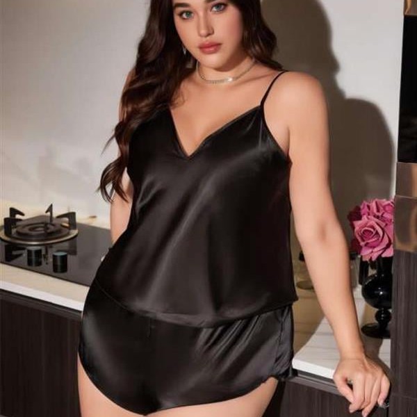 Arias Closet Büyük Beden Siyah Saten Şortlu Takım