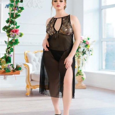 Arias Closet Büyük Beden Siyah Tül Fantezi Uzun Yırtmaçlı Gecelik