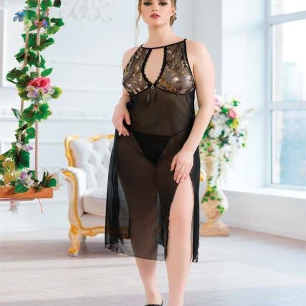 Arias Closet Büyük Beden Siyah Tül Fantezi Uzun Yırtmaçlı Gecelik