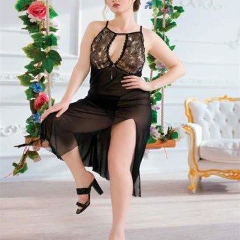 Arias Closet Büyük Beden Siyah Tül Fantezi Uzun Yırtmaçlı Gecelik