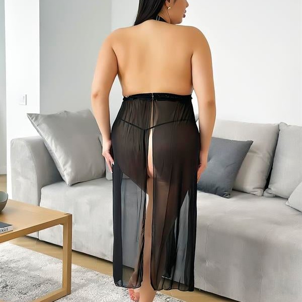 Arias Closet Büyük Beden Siyah Uzun Derin Dekolteli Dantel İşlemeli Fantezi Gecelik