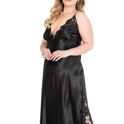 Aria's Closet Büyük Beden Siyah Uzun İkili Saten Sabahlık Gecelik Takımı