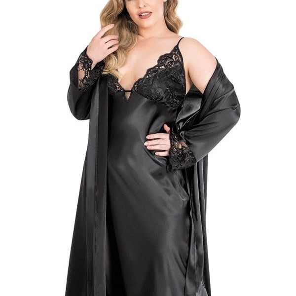 Aria's Closet Büyük Beden Siyah Uzun İkili Saten Sabahlık Gecelik Takımı