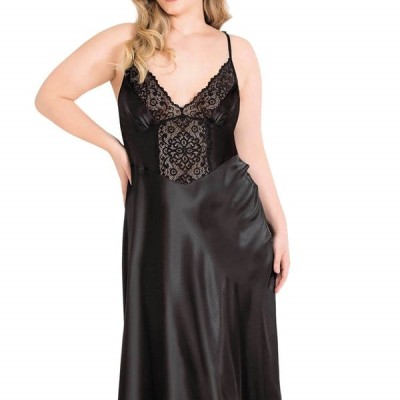 Arias Closet Büyük Beden Siyah Uzun Saten Gecelik