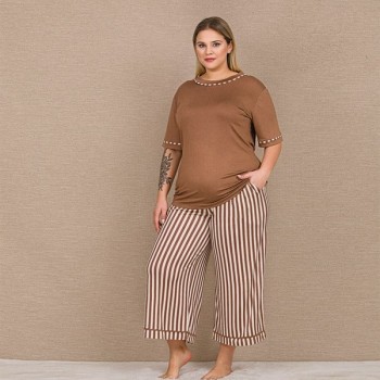 Arias Closet Büyük Beden Viskon Şık Tasarım Kahverengi Çizgili Kısa Kol Kapri Takım