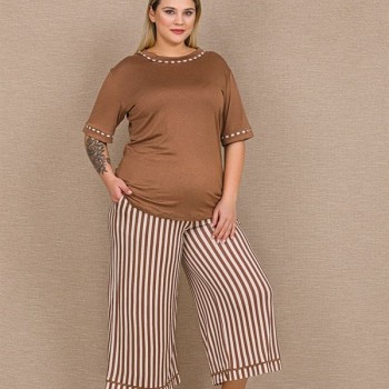 Arias Closet Büyük Beden Viskon Şık Tasarım Kahverengi Çizgili Kısa Kol Kapri Takım
