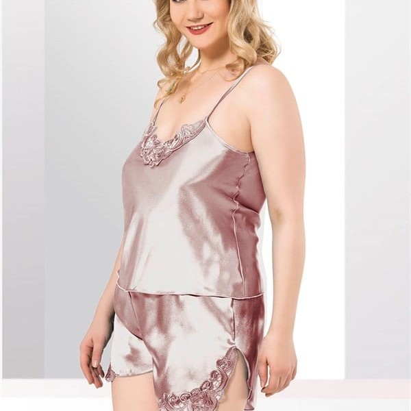 Arias Closet Büyük Beden Vizon Saten Babydoll Şort Takımı