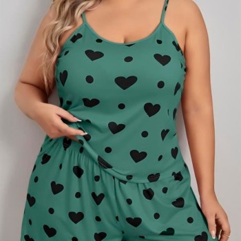 Arias Closet Büyük Beden Yeşil Kalp Desen Pamuklu Şortlu Pijama Takımı