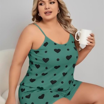 Arias Closet Büyük Beden Yeşil Kalp Desen Pamuklu Şortlu Pijama Takımı