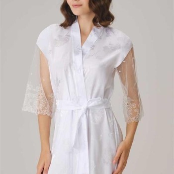 Arias Closet Çeyizlik Uzun Kol V Yaka Saten Düz Yazlık Mini Dantel Detaylı Sabahlık