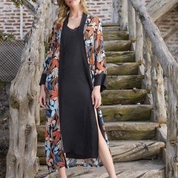 Arias Closet Çiçek Ve Yaprak Desenli Dantelli Ve Dekolteli Sabahlık Takımı